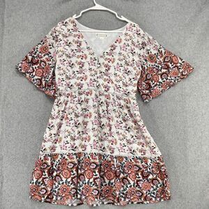 loveriche Swing Dress Womens Size L White Pink Floral Bell Sleeve V-Neck Tiered